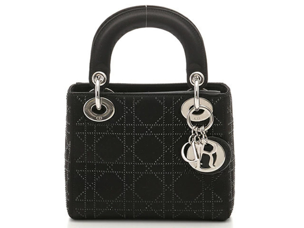 Christian Dior Lady Tote Bag Handbag Satin Black